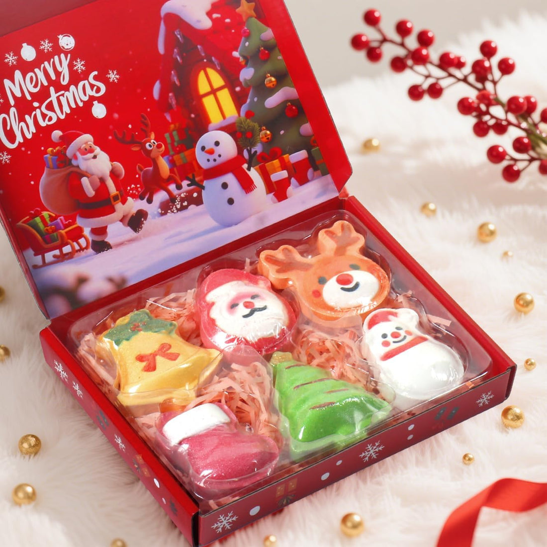 Christmas Bath Bombs for Kids & Women, Handmade Bath Bomb Gift Set of 6 Fun Shapes, Perfect Stocking Stuffers for Teen Girls & Boys, Skin Care Bathbombs as Christmas Gifts for Kids