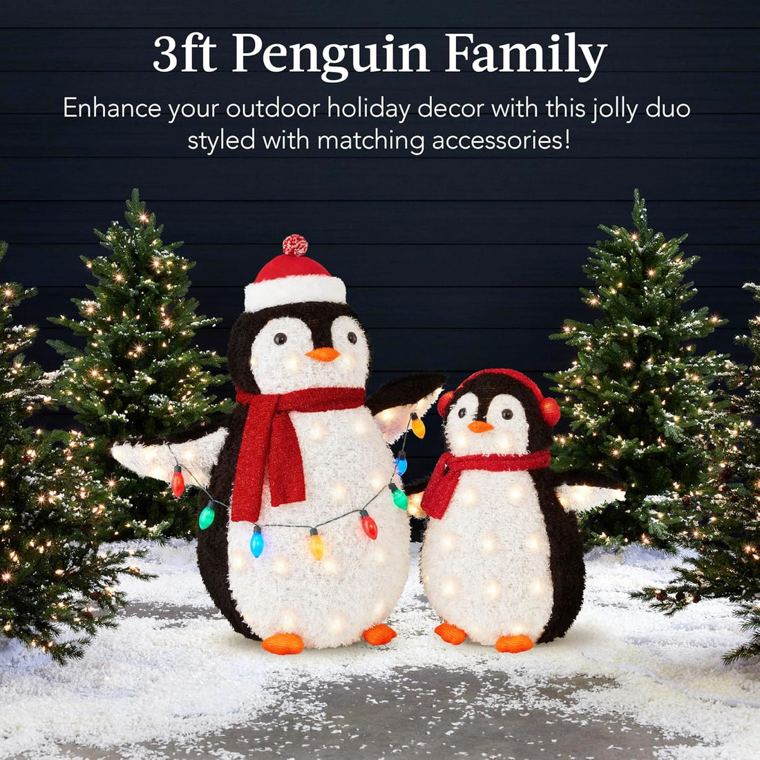 Best Choice Products 2-Piece Lighted Penguin Family, 3ft Pop-Up Outdoor Christmas Holiday Decoration w/ 150 LED Lights, Multicolored Lights - Red